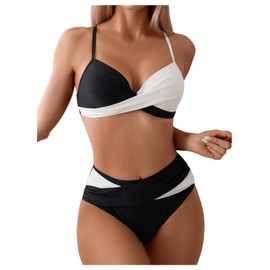 GORGLITTER - Traje de baño de bikini de 2 piezas para mujer, color block Criss Cross traje de baño de cintura alta, negro y blanco, Small