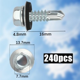 Pack of 240 Trapezoidal Sheet Metal Screws Self-Tapping Screws 4.8 x 16 mm Hexagonal Plumber Screws with Sealing Washer Galvanised Tapping Screws Drilling Screws Metal Roofing Screws (Silver)