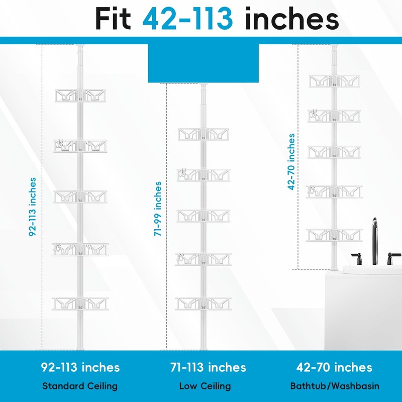 Skycarper 5 Tier Adjustable Corner Shower Caddy Organizer with Hooks,Rustproof