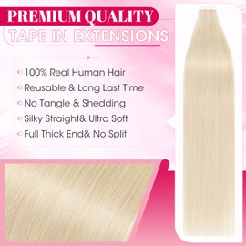 MY-LADY Seamless Invisible Tape Hair Extensions - 20pcs Remy Real Human Hair Straight #60 Platinum Blonde - 14 Inch 40g