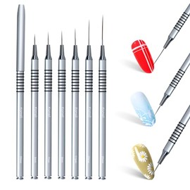 Komall - Pinceles metálicos para arte de uñas, juego de 6 pinceles antideslizantes, juego de pinceles de línea para pintar con esmalte de gel UV, arte