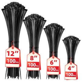 Bridas para cables, paquete de 400 unidades, color negro, varios tamaños, 12+8+6+4 pulgadas, gestión de cables de nailon autobloqueante multiusos, bri