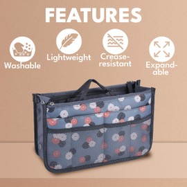 JJ PRIME - Multi Compartment Bag Handbag Insert | Expandable Handbag Organiser Insert | Floral Tote Bag Organiser Insert | Tote Bag Divider Organiser with 13 Pockets (Floral, Blue-Grayish)