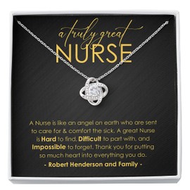 Bubble Hugs Nurse Necklace 14k White Gold Finish Love Knot Standard - A Truly Amazing Nurse - Registered Nurse Practicioner RN Nurse Student Graduation College Appreciation