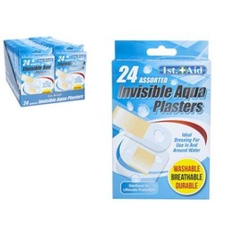 1st Aid - Assorted Invisible Aqua Plasters - Pack of 24 Assorted Sizes Ideal for Water, Swimming
