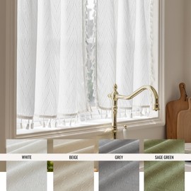 VOILYBIRD Kitchen Window Curtains Over Sink 36 Inch Length Boho Tassel Tiers Cafe Curtains Zigzag Design, 2 Panels, White