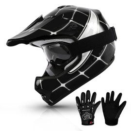 TCMT Dot Youth Kids Motocross Offroad Street Helmet Black Spider Motorcycle Youth Helmet Dirt Bike Motocross ATV Helmet+Goggles+Gloves L