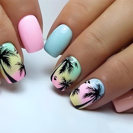 Blue Fake Nails Short Square Press on Nails Gradient with Coconut Tree Design Summer False Nails Pink Acrylic Nails Artificial Glue on Nails Full Cover Stick on Nails for Women Girls 24Pcs
