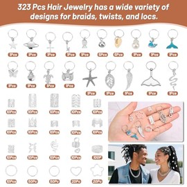 323 Pcs Silver Hair Jewelry for Braids, Dreadlocks, Twists and Locs, Adjustable Cuffs Rings and Charms Beads Accessories for Women Men, Perfect for Pa