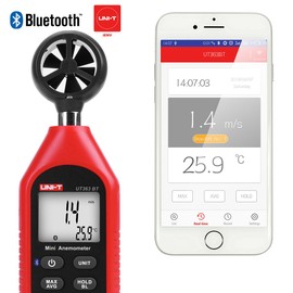 UNI-T Bluetooth Anemometer Handheld UNI-T UT363BT Handheld Mini Digital Anemometer with Thermometer and Max/Min for Weather Data Collection and Outdoors Sports Windsurfing Sailing With Backl