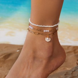 Shell Anklets for Women Waterproof Boho Beaded Anklets Set Adjustable Beach Anklets for Women Summer Beach Jewelry (Style 4)