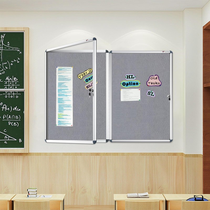 VIZ-PRO Tamperproof Lockable Gray Fabric Noticeboard Aluminium Framed 36x24 Inches