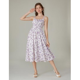 Floral Corset Dress for Women Ruched Bust Summer Sleeveless Sun Dress Purple M