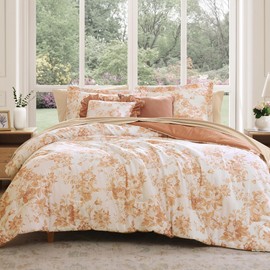 BLOOMHAVEN Queen Comforter Set -7 Pieces Autumn Leaf Floral Comforter Set for All Seasons, Bed in a Bag Queen with Botanical Flowers Comforter, Sheets, Pillowcases & Shams