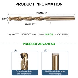 METALLIXITY Drill Bit (11/64") 10Pcs, 4241 High-Speed Steel Straight Shank Gold Finish 118° for Wood Plastic Iron Copper Aluminum Low Soft Metal