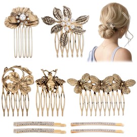 5 Pcs Vintage Hair Side Combs, French Hair Comb and Rhinestone Hair Clips, Flower Bee Leaf Butterfly Bridal Comb Barrette Retro Wedding Bride Headpieces for Women Wedding Accessories