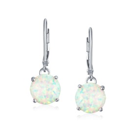 Simple Round Solitaire White Created Opal Lever back Drop Dangle Earrings For Women Sterling Silver October Birthstone