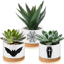 Jingmore 3 Pcs Gothic Decor Gift for Women Planter Ceramic Gift Animal Plant Pot with Bamboo Tray for Office Home Farm House Bathroom Kitchen Christmas Decorations (No Plants Included)