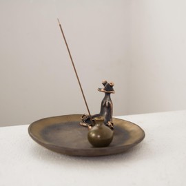 Frog-Vase Incense Holder,Rust-Glazed Rotus Ceramic Insence Stick Holder,Alloy Meditation Frog＆Mini Vase Ornament for Yoga/Meditation/Zen/Mindfulness (Small)
