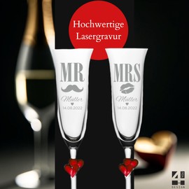 4you Design Set of 2 Champagne Flutes with Red Hearts - Mr and Mrs Motif - Engraved Name and Date - Great Champagne Flutes for Anniversary or Engagement