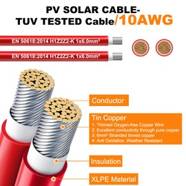 Oududianzi Solar Panel Wire, 10AWG Solar Wire H1Z2Z2-K Tinned Copper Solar Cable for Photovoltaic Solar System, Automotive RVs, Boats (200 Ft Black & 200 Ft Red)