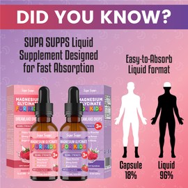 Kids Magnesium Glycinate 60ml - Berry Bedtime | Supa Supps Liquid Magnesium Glycinate 3-in-1 Drops Support Relaxation, Calm, Balanced Energy, Focus & Growth | Easy Daily Supplement 2 Months Supply