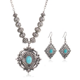 Rustic Couture's Western Jewelry Set for Women Cowgirl Turquoise Vintage Western Bohemian Turquoise Pendant Necklace Earring WJ-1014TQ