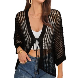 GRACE KARIN Women's 3/4 Batwing Sleeve Cardigan Elegant V-Neck Open Front Bolero Casual Front Tied Cardigan, black