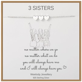 Weelody 3 Sisters Bracelet, 925 Sterling Silver 3 Heart Bracelet, Sister Gifts from Sister
