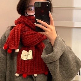Women's Autumn/Winter Red Knitted Neck Warmer - Fashion Muffler for New Year & Christmas One Size / Knit Pom-pom - White 3ea