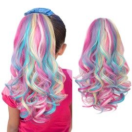 SEIKEA Ponytail Extension, 18" Lightweight Wavy Curly Clip in Hair Extensions Ponytail, Colored Hair Extensions for Kids, Crazy Hair Day Accessories for Girls Synthetic Hairpiece Neon Color