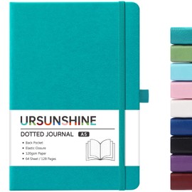 Dotted Journal/Notebook - Dot Grid Hard Cover Notebook, Premium Thick Paper with Fine Inner Pocket, Black Smooth Faux Leather, Pen Loop, 5.3'' x 8.26'' - Cyan