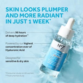 No7 HydraLuminous+ 2% Hyaluronic Acid Serum - Hydrating Facial Serum with 5% Vitamin B3 Niacinamide to Support Skin Barrier Repair - For Visibly Radiant & Healthier-Looking Skin (1 Fl Oz)