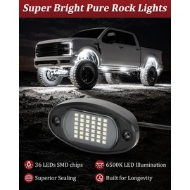 12 Pods White Rock Lights 6000K 36 LEDs per Pod with Extension Wires, Pure Rock Lights Truck Super Bright White Neon Underglow Kit for Trucks SUV RV SUV UTV ATV RZR Boats