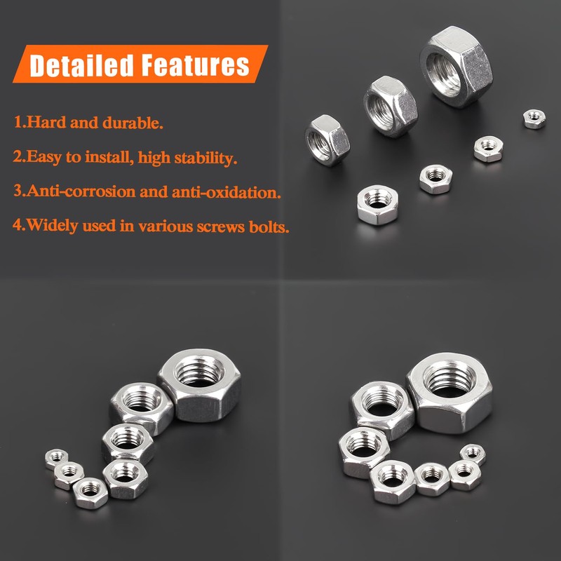 HELIFOUNER 200 Pieces 5 Sizes Metric Hex Nuts Assortment Kit,