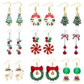 Christmas Dangle Earrings for Girls Holiday Dangle Earrings for Women Christmas Tree Jingle Bells Candy Earrings Christmas Jewelry Gift(Christmas Earrings Set 9)
