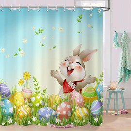 Caheansi Happy Easter Shower Curtain, Funny Rabbit Spring Flowers Colorful Easter Egg Bathroom Curtain Waterproof Fabric Machine Washable with Hooks, 72" Wx72 L