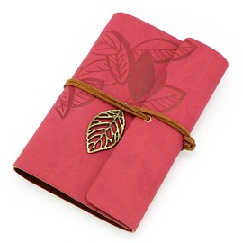 EvZ 5 Inch Mini Vintage Leather Journal, Pocket Size Refillable Loose Leaf Notebook, Retro Dark Red PU Cover with Metal Leaf Pendant, Blank Kraft Paper Small Travel Diary & Sketchbook