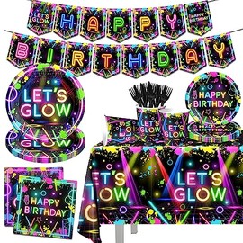 Suministros para Fiestas de Neón, 142 Piezas Decoraciones para Fiestas Let Glow Incluyendo Platos de Papel Desechables, Tazas, Manteles, Decoración Te
