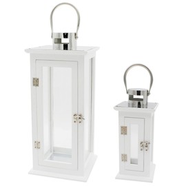 CVHOMEDECO. Decorative Elegant Wood Hurricane Candle Lantern with Stainless Top and Glass Inserts for Home Patio Outdoor Decor. White, Set of 2