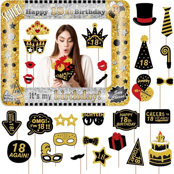 Scettar 18th Birthday Photo Booth Props, Inflatable Selfie Frame 30 Pcs Funny DIY Birthday Party Props Inflatable Party Photo Booth Frame Black Gold 18th Brithday Party Decorations for Women Men