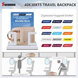 SUCIKORIO 40x30x15cm British Airways Wizzair Travel Backpack Underseat Cabin Bag Luggage Waterproof Oxford Travel Rucksack Cabin Size for Plane Carry On Hand Luggage with 14 Inch Laptop Compartment