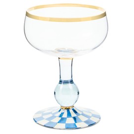 MACKENZIE-CHILDS Coupe Glass, Decorative Stemmed Cocktail Glass, 11 Ounces, Blue-and-White Royal Check