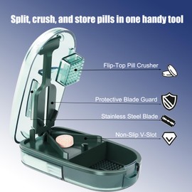 Small Pill Cutter, Tablet Splitter for Tiny and Large Pills, Portable Pill Press and Divider for Vitamins, Travel Organizer with Safety Blade Guard– Green