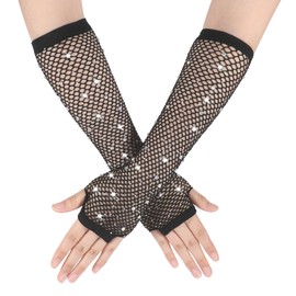 Bruislard Fishnet Sleeves Long Fishnet Fingerless Gloves with Rhinestones Fishnet Arm Sleeves for Women Performance Theme Party