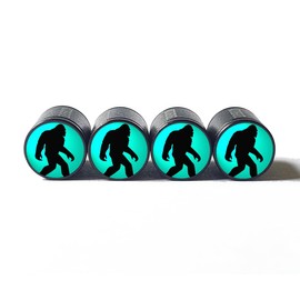 Bigfoot Sasquatch Walking (Teal) Tire Valve Caps - Black Aluminum - Set of Four