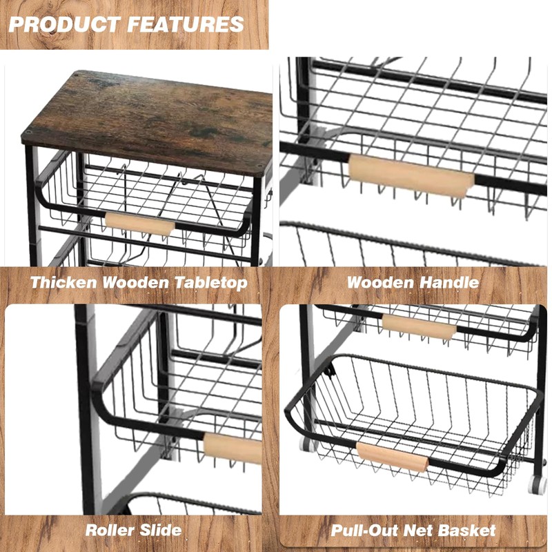 ULIKEUS 5-Tier Utility Kitchen Cart Storage with Pull-Out Baskets and