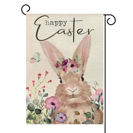 Happy Easter Bunny Small Decorative Garden Flag, Rabbit Floral Flowers Butterfly Yard Lawn Outside Decor, Spring Seasonal Burlap Outdoor Home Decoration Double Sided 12 x 18