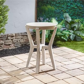 Pebble Lane Living Bali 17" Round Indoor/Outdoor Cement Tall Side Table with Acacia Wood Legs, Tall Modern End Table for Patios and Gardens, Tan