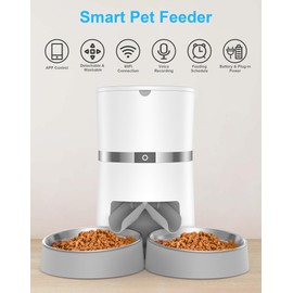 WellToBe Automatic Cat Feeder, WellToBe Pet Feeder Food Dispenser for Cat & Small Dog with Two-Way Splitter and Double Bowls, up to 6 Meals with Portion Control, Voice Recorder - Battery and Plug-in Power
